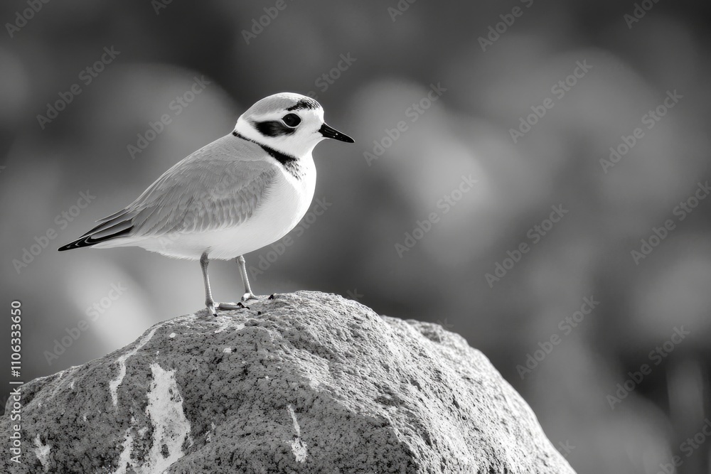 Fototapeta premium A black and white photo of a bird perched on a rock, looking out at the viewer