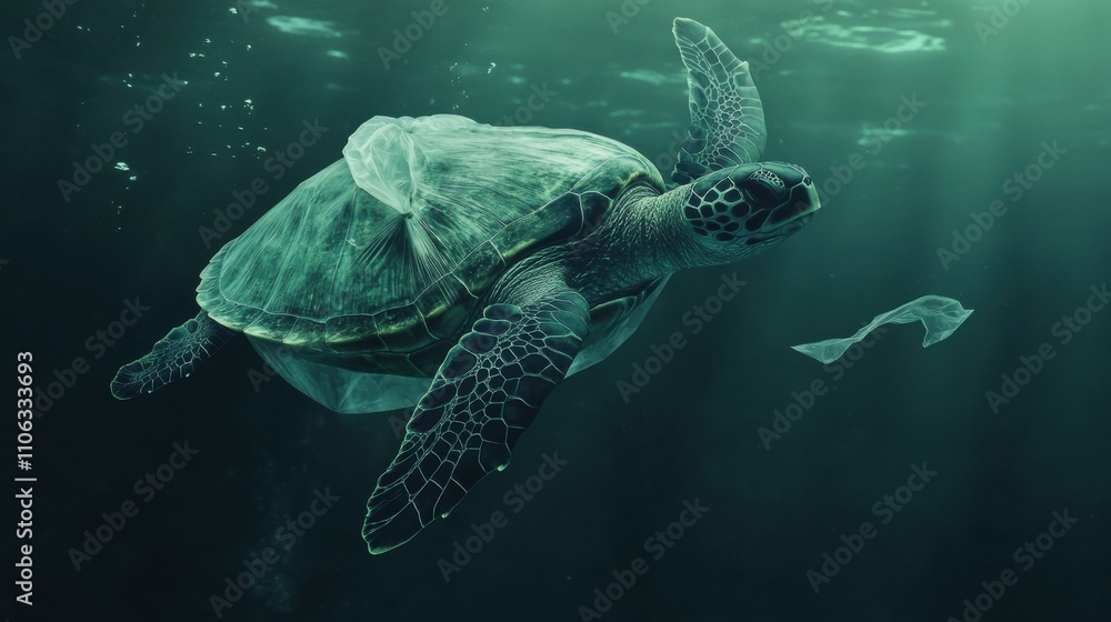 Fototapeta premium Tortuga marina nadando con plástico