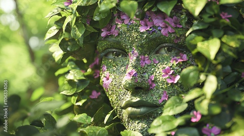 Fototapeta Naklejka Na Ścianę i Meble -  Enchanted Wood Nymph in Lush Forest - Ultra-Detailed 3D Render of Mystical Creature with Floral Skin in Green Foliage Setting