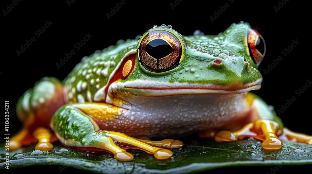 Obraz premium Vibrant green frog with large eyes on leaf.