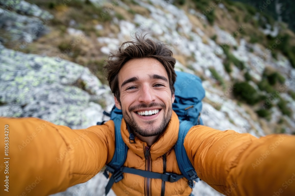 A person capturing a moment on camera with a backpack in the background A person capturing a moment on camera with a backpack in the background