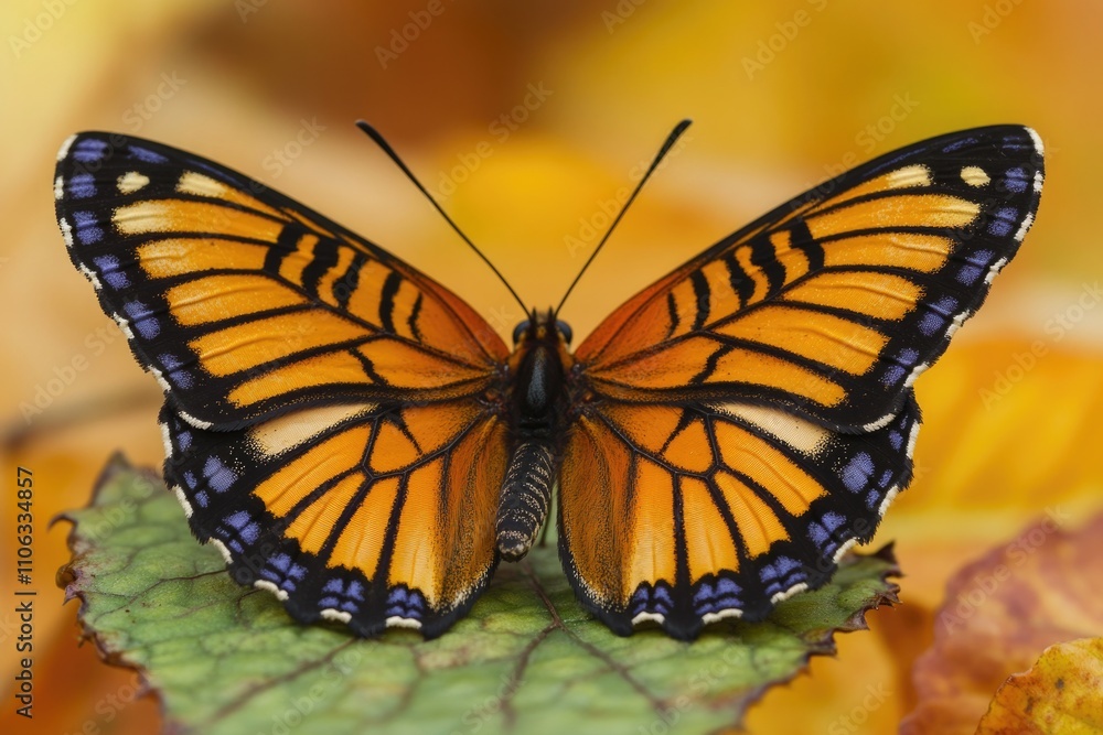 Fototapeta premium A butterfly perched on the edge of a lush green leaf, perfect for illustrating nature and wildlife themes