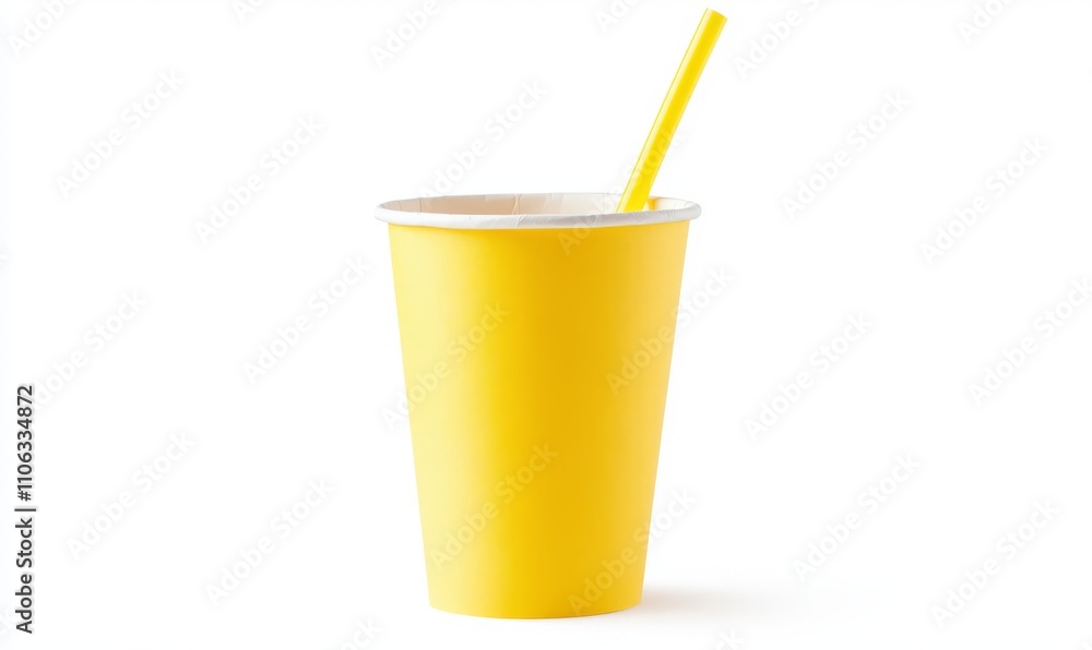 Yellow closed paper glass and straw isolated on white background, clipping path Yellow closed paper glass and straw isolated on white background, clipping path