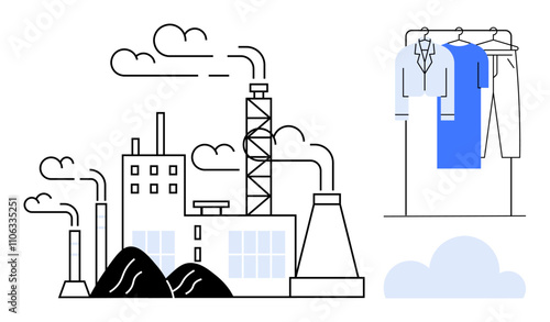 Factory with smokestacks emitting fumes and a clothing rack with garments juxtaposed. Ideal for environmental impact, climate change, sustainability, industry contrast, corporate responsibility