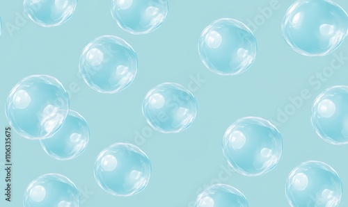 Seamless pattern of transparent soap bubbles floating against a light blue background, creating a playful and airy feel