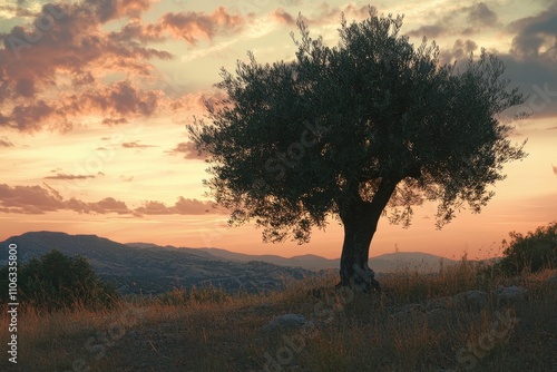 Lonely olive tree standing on a hill at sunset with colorful sky