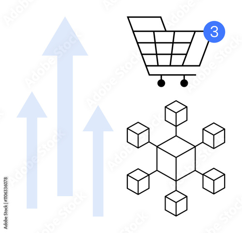 Shopping cart with three notifications, three upward arrows, and blockchain structure. Ideal for illustrating online shopping, digital growth, market trends, blockchain technology, business