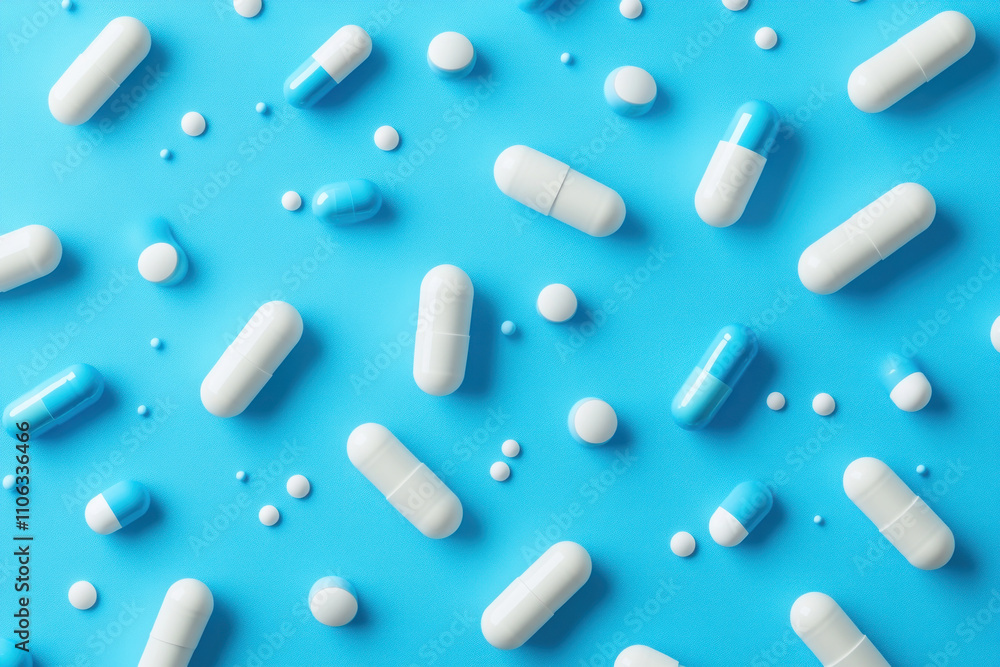 Pills on blue background, making a pattern resembling a flower. Pills on blue background, making a pattern resembling a flower.