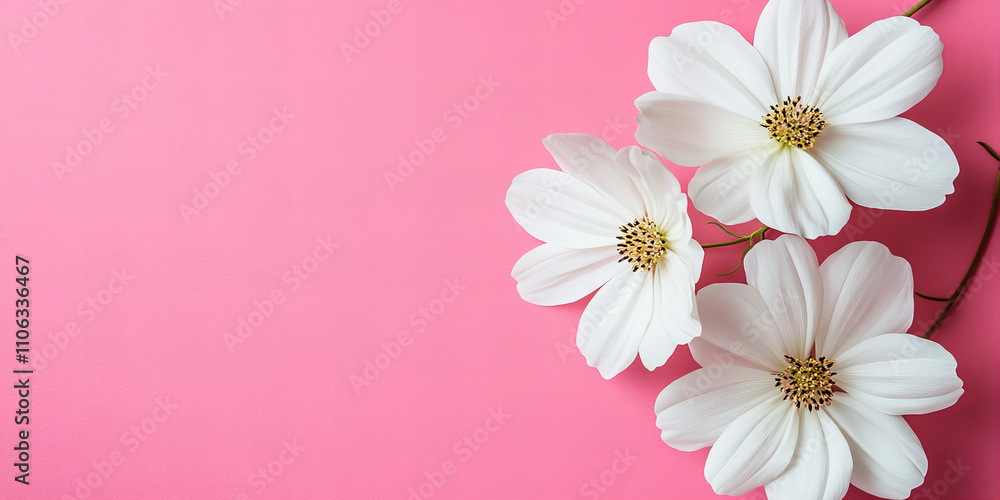 Elegant white cosmos flowers on pink background for romantic and festive occasions, ideal for valentines day, weddings, invitations, and nature-themed designs Elegant white cosmos flowers on pink background for romantic and festive occasions, ideal for valentines day, weddings, invitations, and nature-themed designs