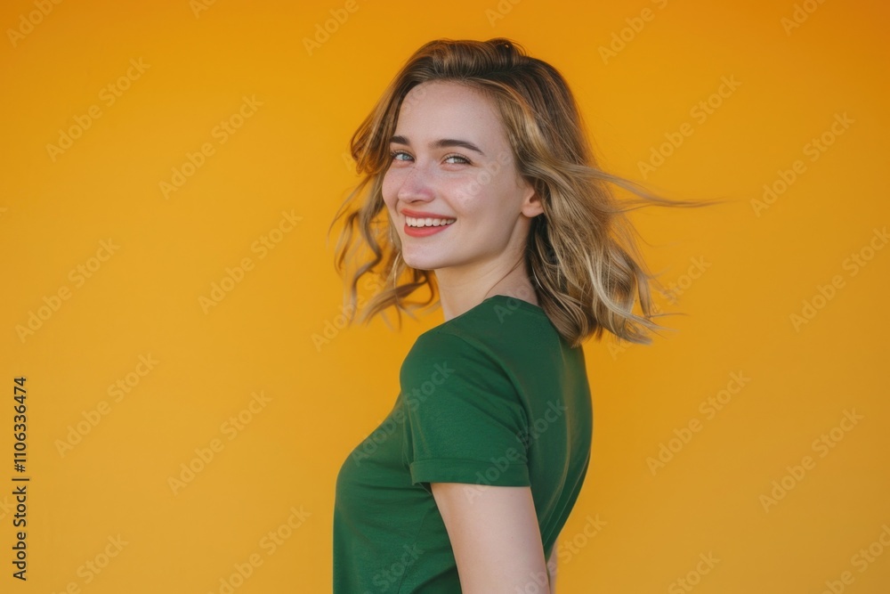 A woman wearing a green shirt smiles directly into the camera A woman wearing a green shirt smiles directly into the camera