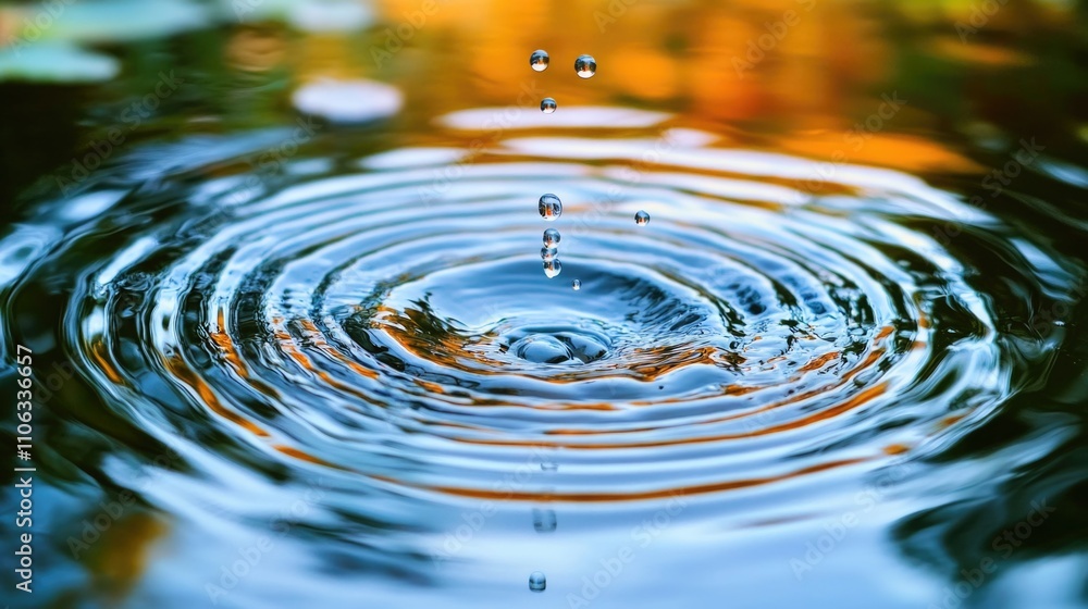A single water droplet falls from above into a calm pond, creating ripples on the surface A single water droplet falls from above into a calm pond, creating ripples on the surface