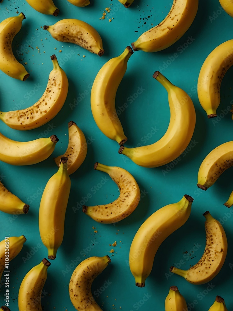 Many yellow bananas falling on a turquoise background Many yellow bananas falling on a turquoise background