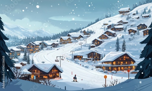 Snowy mountain village with ski slopes, cozy chalets, and winter scenery. Scenic view of snow-covered hills, ski lifts, and illuminated homes. photo