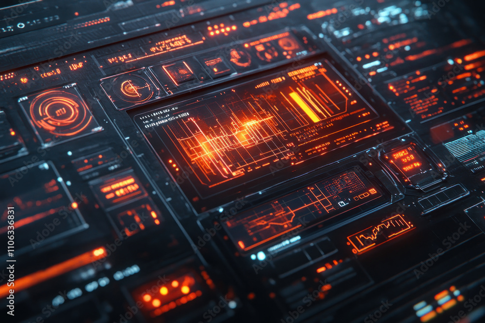 Computer processor with red lights glowing, surrounded by circuit boards and wires, atop a reflective surface in a dimly lit room. Computer processor with red lights glowing, surrounded by circuit boards and wires, atop a reflective surface in a dimly lit room.