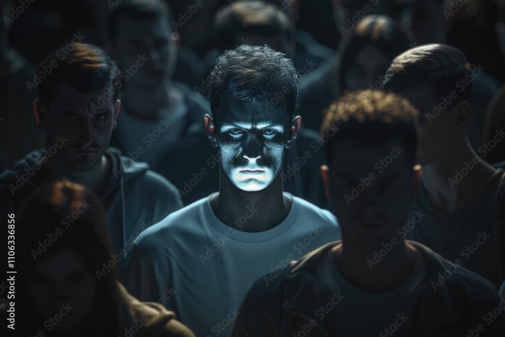 A group of people standing together in a dimly lit room, looking around with concern A group of people standing together in a dimly lit room, looking around with concern