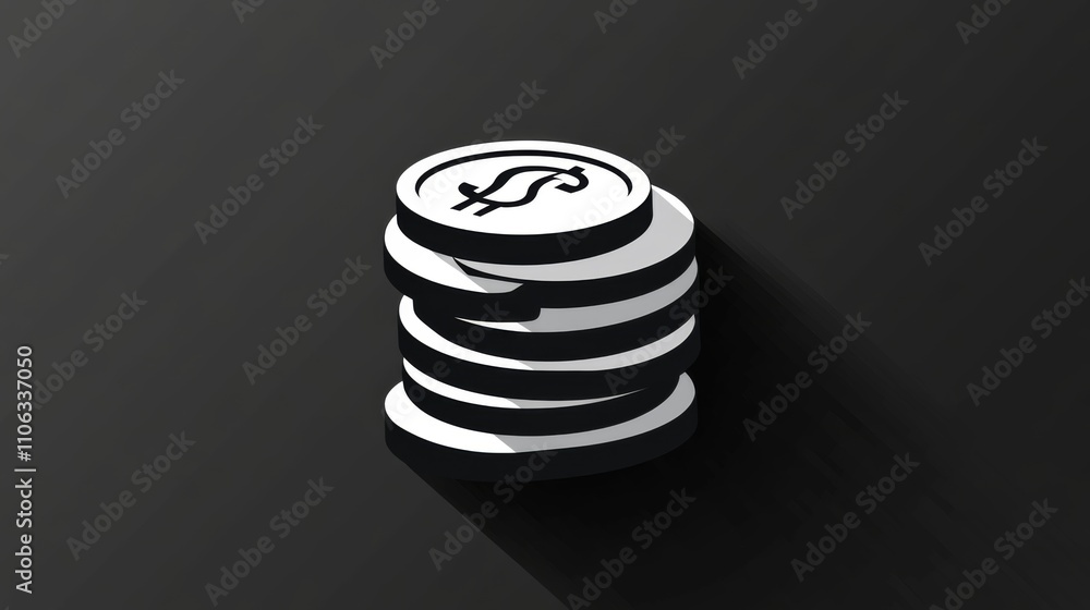 Icon of stacked coins in black and white with a sleek minimalist design Icon of stacked coins in black and white with a sleek minimalist design