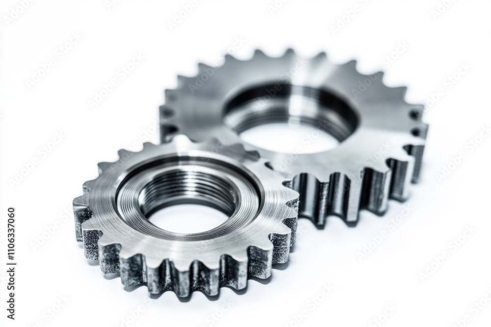 A pair of metal gears sitting on a clean white surface A pair of metal gears sitting on a clean white surface