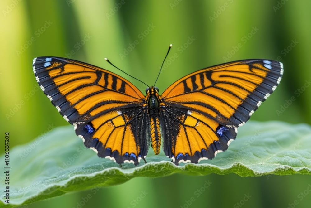 A colorful butterfly perches on a green leaf, its wings spread wide A colorful butterfly perches on a green leaf, its wings spread wide