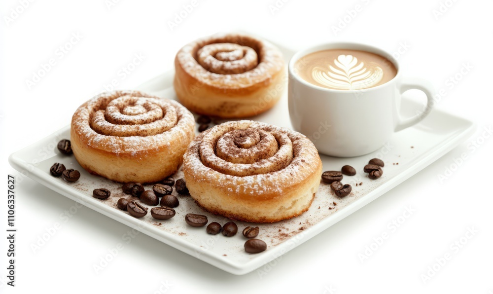 Cinnamon rolls and coffee latte on a white plate isolated on white background. Perfect for breakfast or cozy coffee shop vibes Cinnamon rolls and coffee latte on a white plate isolated on white background. Perfect for breakfast or cozy coffee shop vibes