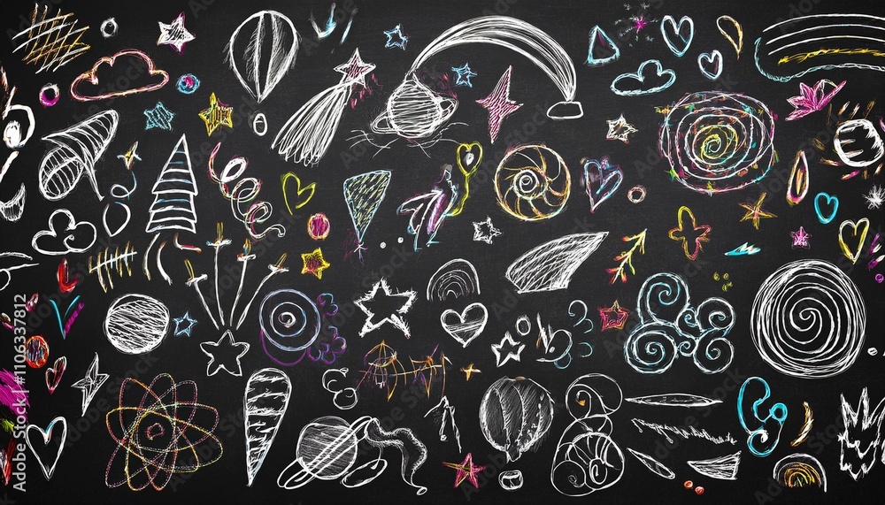 Fototapeta premium 검은 칠판에 분필로 그려진 다양한 패턴과 낙서