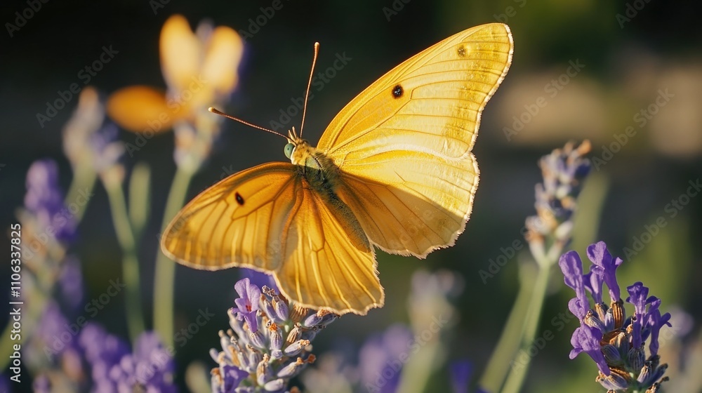 Naklejka premium A bright yellow butterfly perched on the center of a vibrant purple flower, perfect for spring and garden-themed images or designs