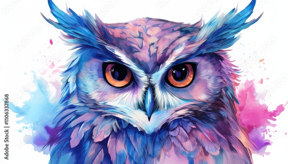 Digital Painting of Owl with Watercolor Background Digital Painting of Owl with Watercolor Background