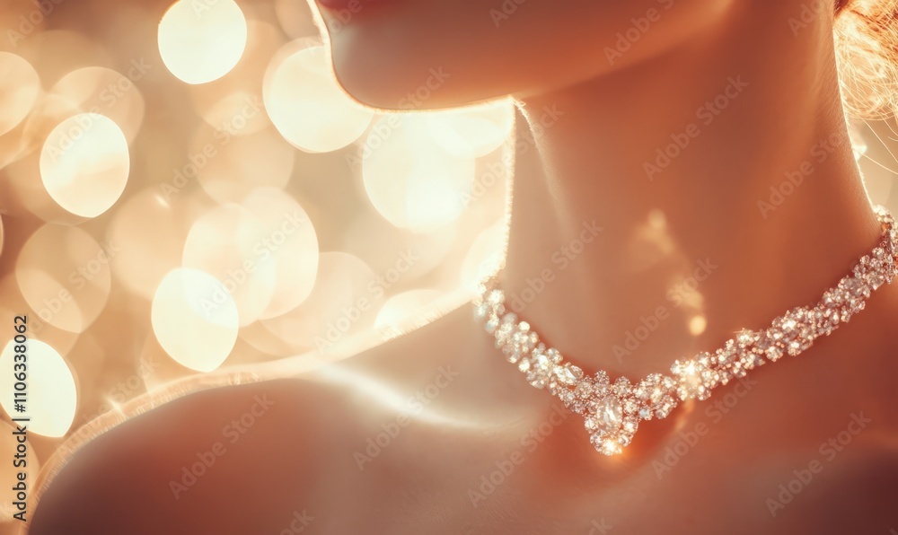 Close-up of a woman's neck adorned with a sparkling diamond necklace, soft bokeh background Close-up of a woman's neck adorned with a sparkling diamond necklace, soft bokeh background