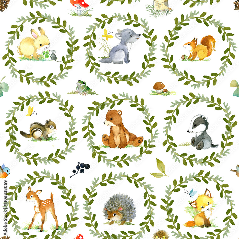 Obraz premium Forest animals in cartoon kawaii character designs seamless pattern. for kids textiles and childrens nursery decor