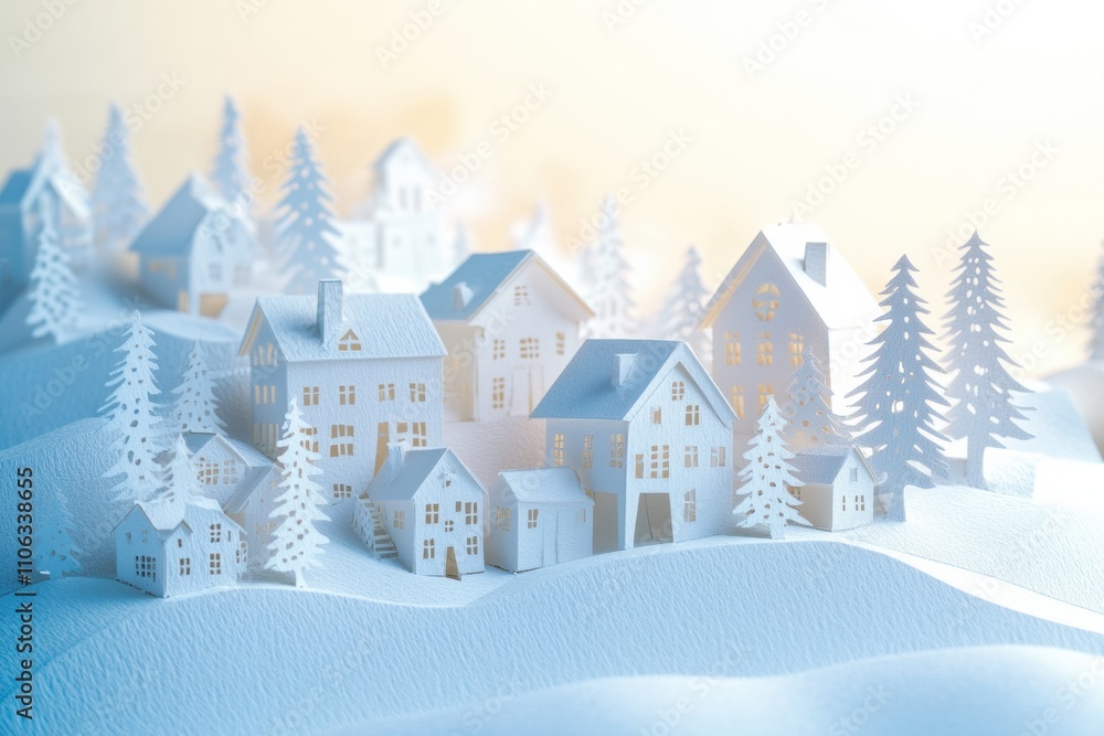 Fototapeta premium A serene Christmas village made of delicate paper cuts showcases white houses and trees, softly illuminated in a winter wonderland ambiance. Generative AI