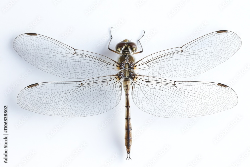 A close-up shot of a dragonfly sitting on a white surface, its delicate wings spread out A close-up shot of a dragonfly sitting on a white surface, its delicate wings spread out
