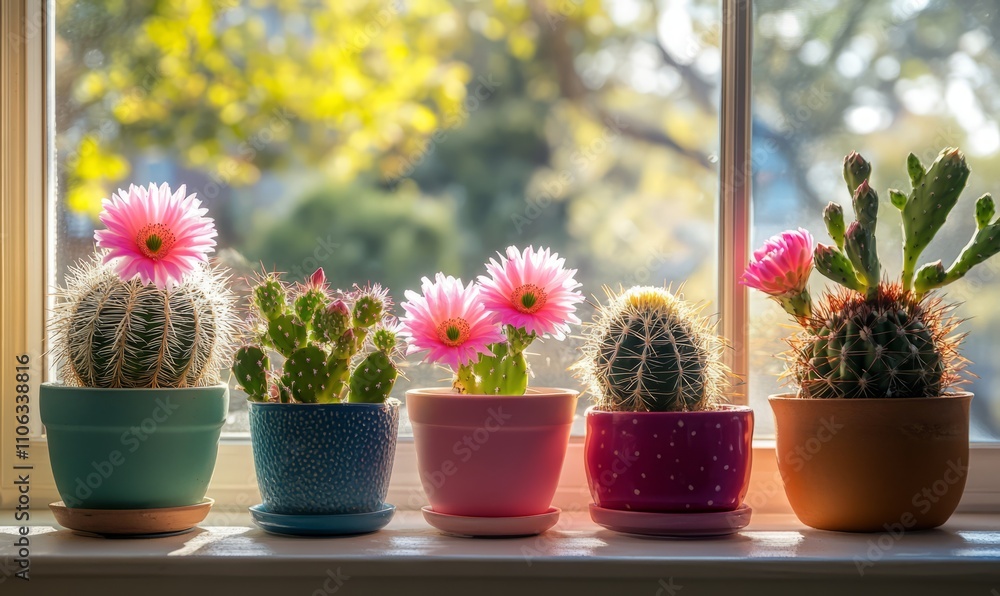 Colorful potted cacti with blooming pink flowers arranged on a windowsill. Bright and cheerful atmosphere with sunlight streaming through the window. Colorful potted cacti with blooming pink flowers arranged on a windowsill. Bright and cheerful atmosphere with sunlight streaming through the window.