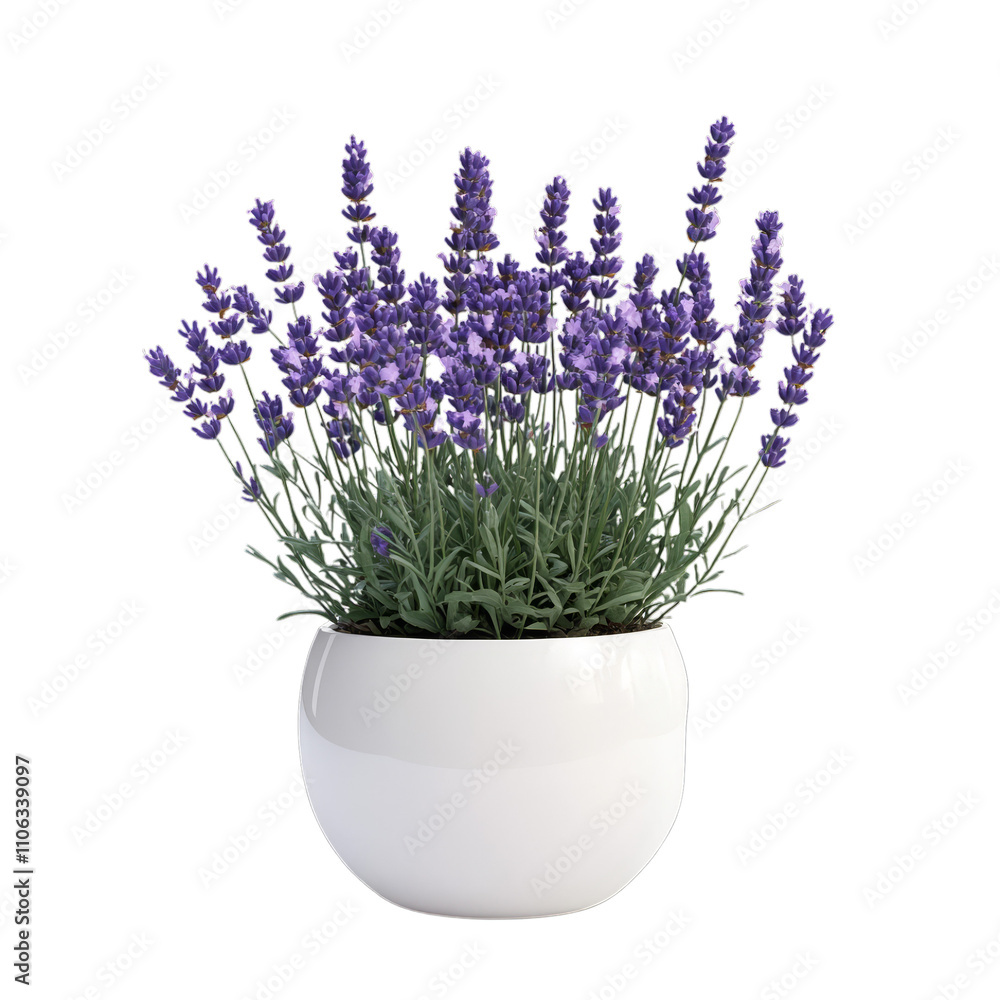 Fototapeta premium Oval ceramic pot with a lavender plant. Isolated white background. Png format