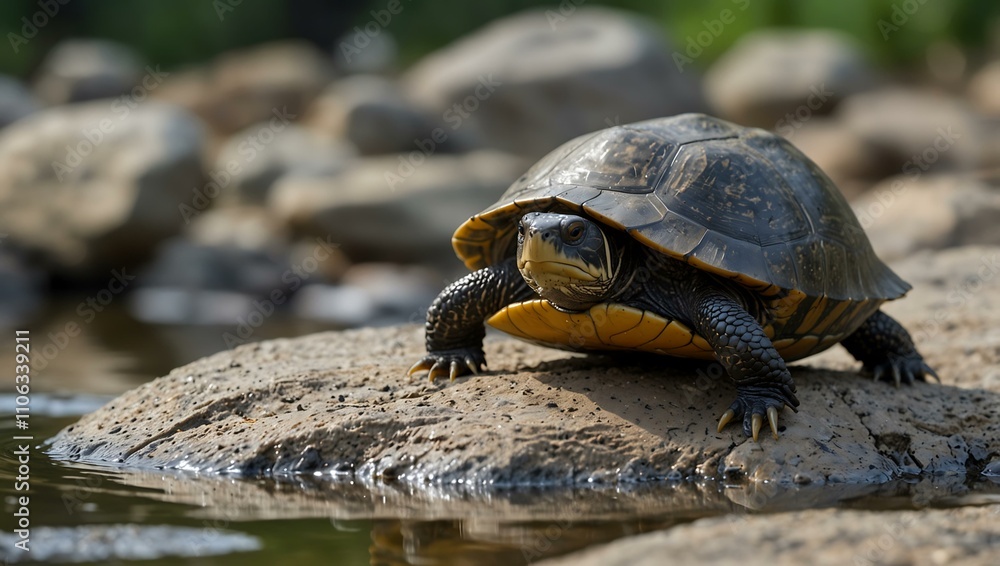 Fototapeta premium Marsh or helmeted turtle sitting on a rock.
