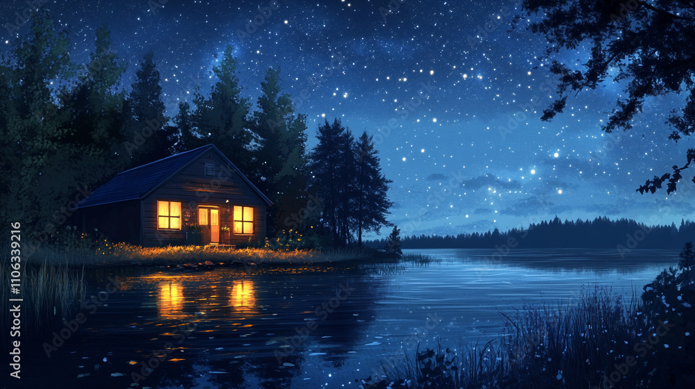 Fototapeta premium Serene Lakeside Cabin Under Starry Night Sky Peaceful Night Nature Scene