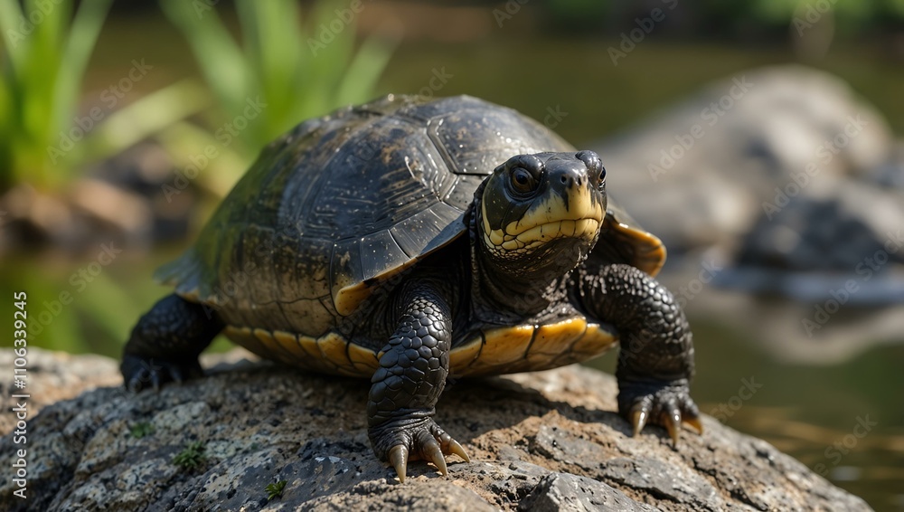 Marsh or helmeted turtle sitting on a rock. Marsh or helmeted turtle sitting on a rock.