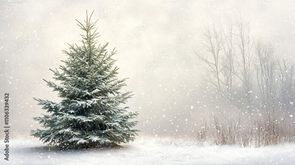 Fototapeta premium Snowy Winter Landscape Serene Evergreen Tree in Snowfall