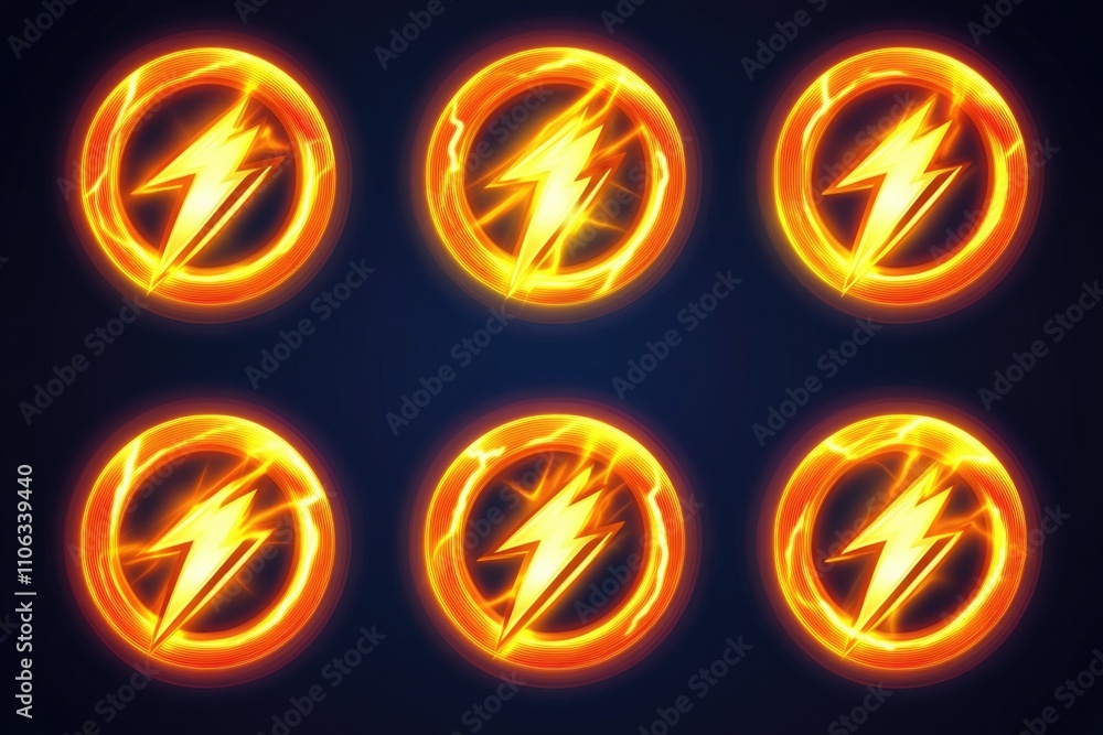 A collection of six glowing flashlights on a dark background