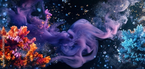 Wallpaper Mural A sleek onyx black abstract background with glowing purple smoke and shimmering silver glitter, mixing with cobalt blue and bright coral acrylic paint in a dynamic underwater swirl. Torontodigital.ca