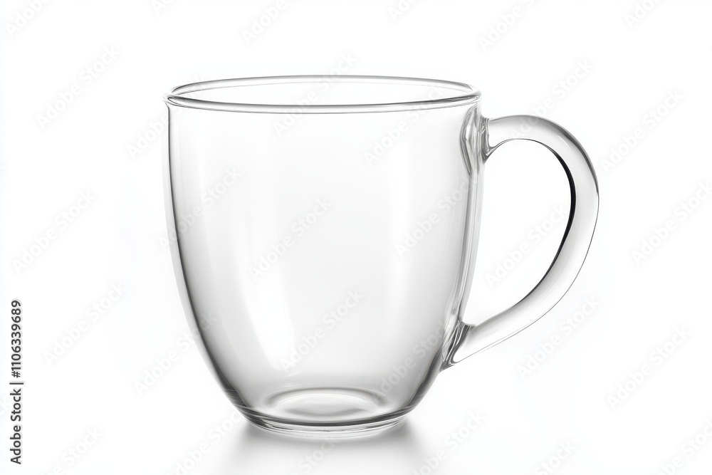 Transparent glass coffee mug with elegant curved handle isolated on white Transparent glass coffee mug with elegant curved handle isolated on white
