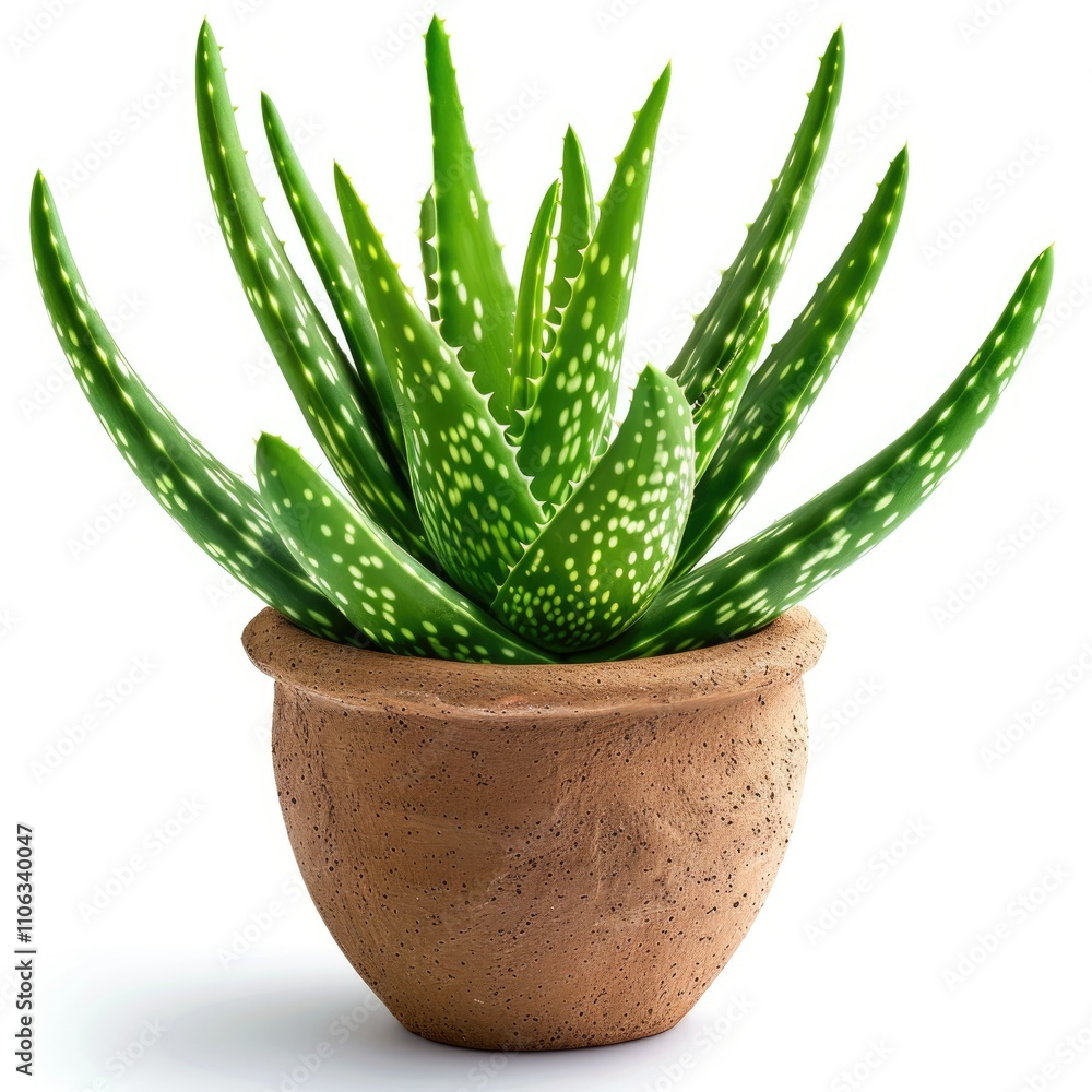 A potted aloe vera plant with speckled leaves, isolated on a white background. A potted aloe vera plant with speckled leaves, isolated on a white background.
