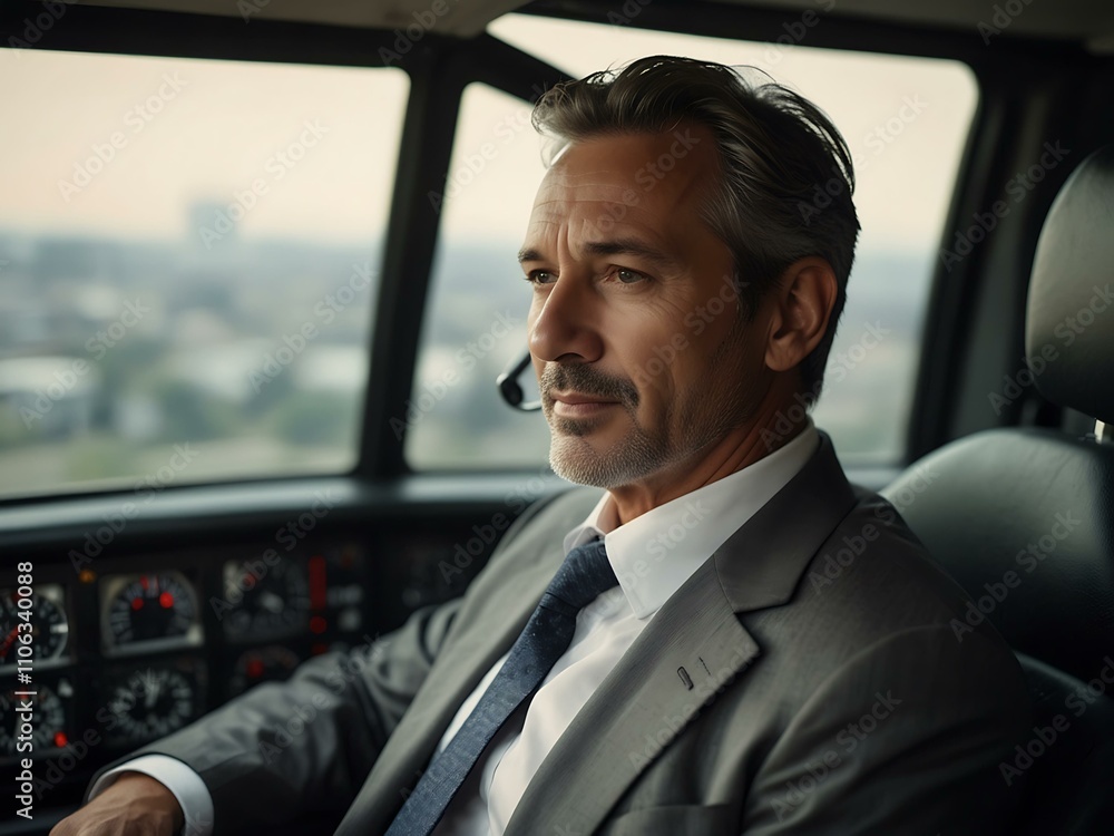 Mature businessman using a mobile phone in a helicopter. Mature businessman using a mobile phone in a helicopter.