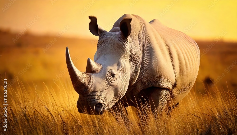 Obraz premium Majestic white rhinoceros grazing in the grasslands. 