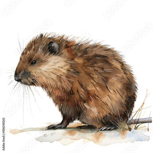 A watercolor of a Muskrat, isolated on a white background. Muskrat vector.