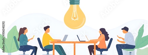 A group of people sitting around an office table, discussing ideas with one large light bulb hanging above them