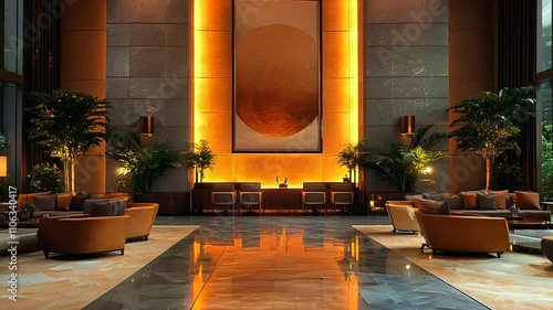 Luxury Hotel Lobby with Warm Lighting and Modern Design