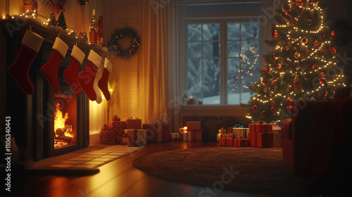 Wallpaper Mural cozy christmas living room with tree and stockings Torontodigital.ca