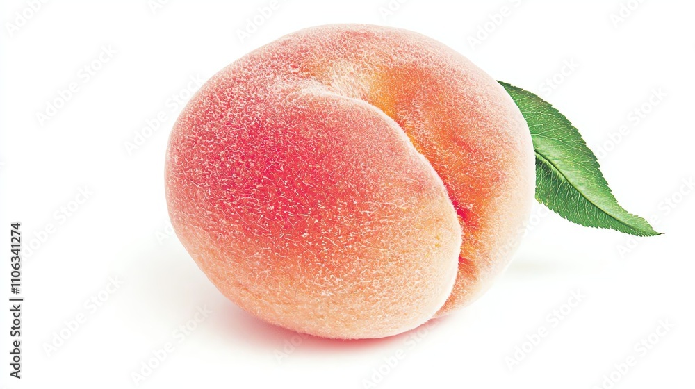A fresh, ripe peach with a delicate blush and lush green leaf, perfect for summer enjoyment. This juicy fruit embodies sweetness and is ideal for desserts and healthy snacking. A fresh, ripe peach with a delicate blush and lush green leaf, perfect for summer enjoyment. This juicy fruit embodies sweetness and is ideal for desserts and healthy snacking.