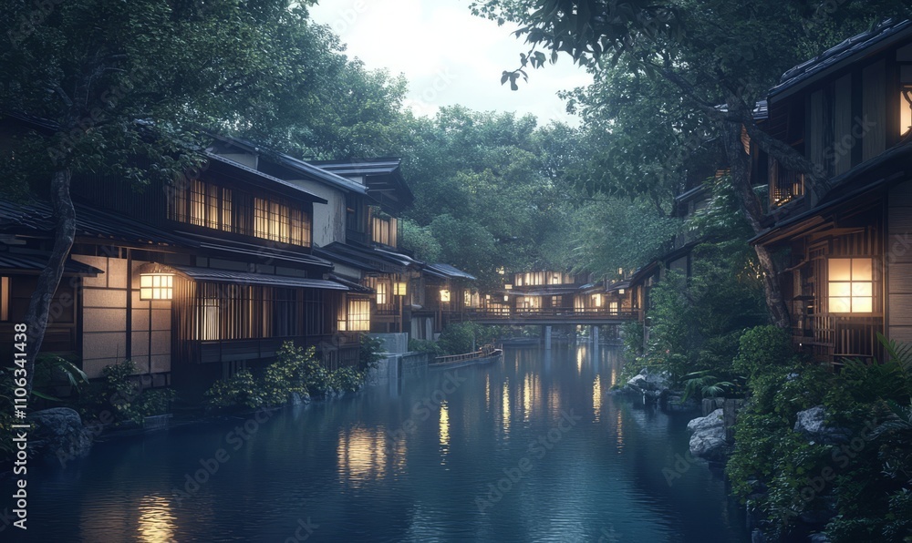 Traditional Japanese wooden houses line a serene canal, surrounded by lush greenery and softly illuminated by lanterns Traditional Japanese wooden houses line a serene canal, surrounded by lush greenery and softly illuminated by lanterns
