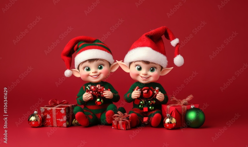 Two adorable Christmas elves sitting together with gifts and ornaments on a red background Two adorable Christmas elves sitting together with gifts and ornaments on a red background