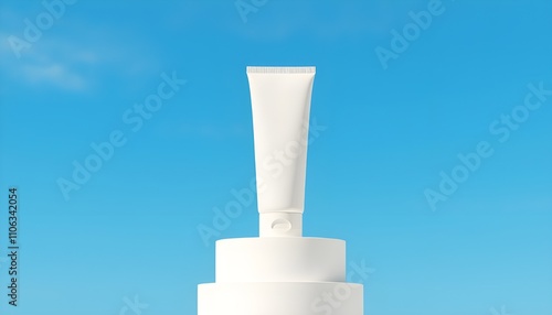 White cosmetic tube container for sunscreen or moisturizer, blank space for design packaging photo